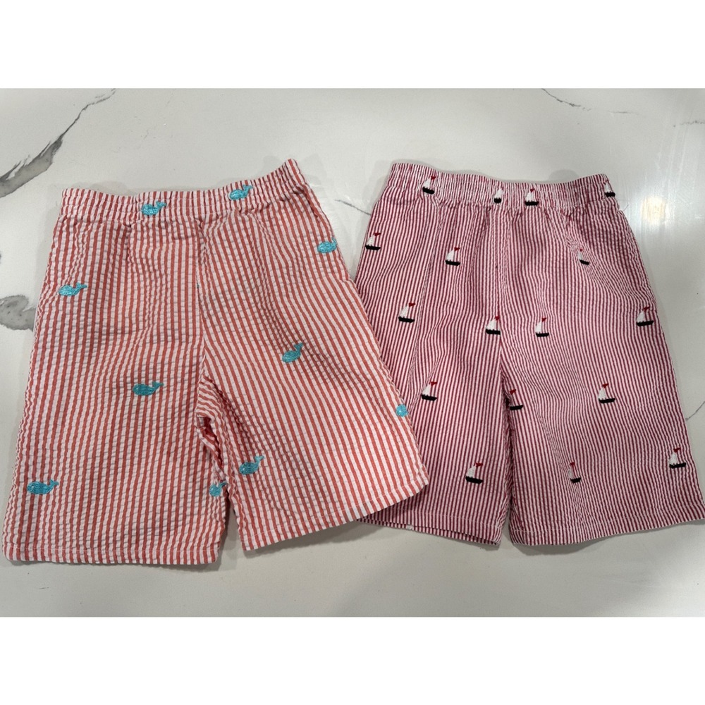 Kelly's Kids Boys Seersucker Shorts Bundle‎ Red White Stripe Whale Sailboat 5-6